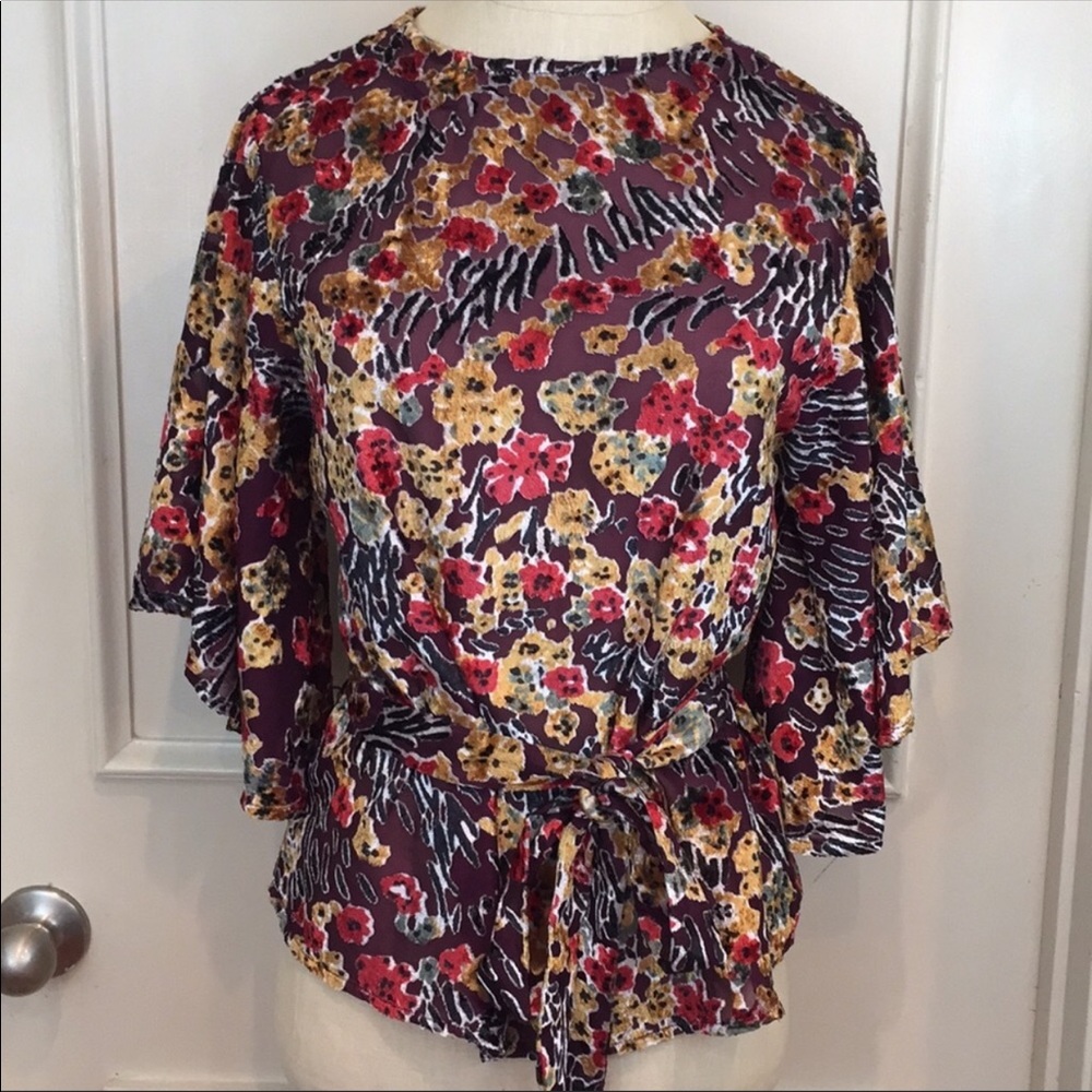Topshop Semi Sheer Velvet Floral Bell Sleeve Top